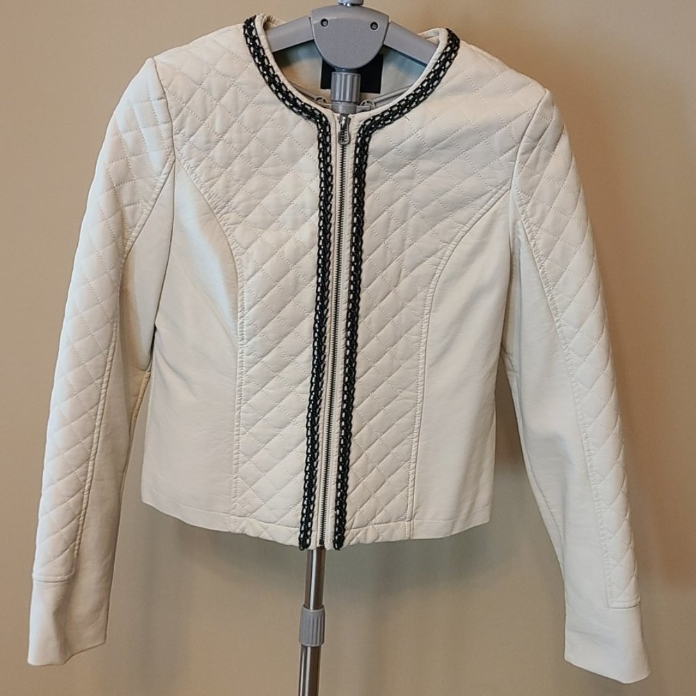 White faux leather jacket with chain detail